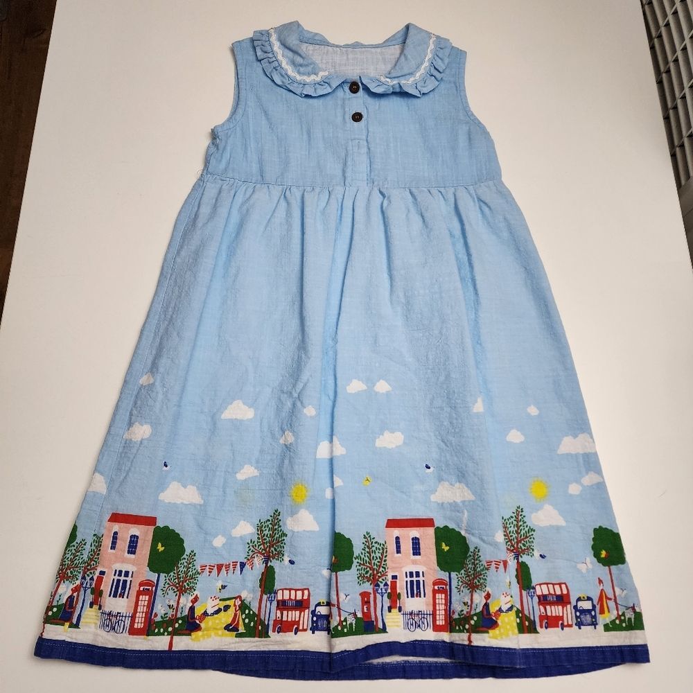 Girls Blue City Life Peter Pan Collar Colorful Jumper Dress Size 6-7